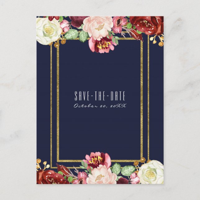 Postal De Anuncios Fall Wedding Blue Gold Floral Marsala Save Date (Anverso)