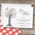 Postal De Anuncios Family Reunion Save The Date<br><div class="desc">Ask your family to save the date for their Family Reunion with this stylish postcard.
It features a family tree in the colors of the rainbow on a white background.
There are templates for you to customize with your family name and your details.
Original Mosaic © Michele Davies.</div>