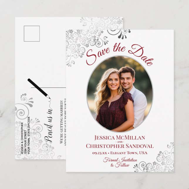 Postal De Anuncios Fancy Bodas Rojo Blanco Guardar la Fecha Foto (Anverso / Reverso)