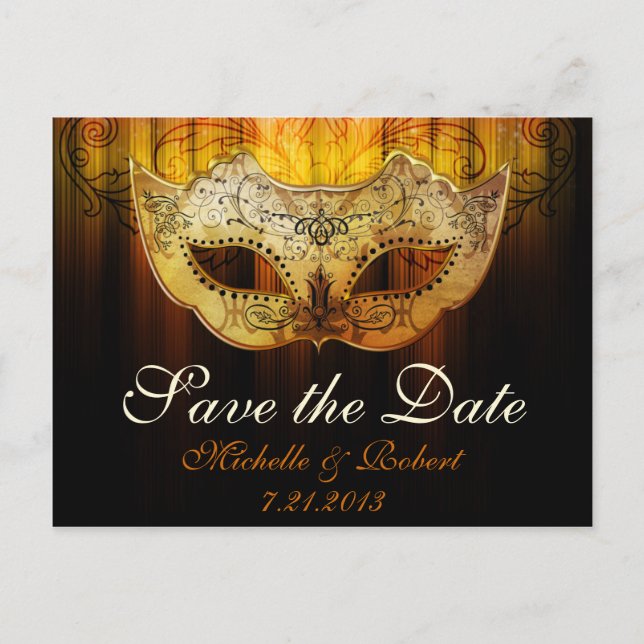 Postal De Anuncios Fancy Flourige Gold Masquerade Boda Salve el Da (Anverso)