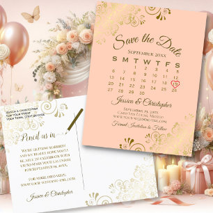 Postal De Anuncios Fancy Gold & Peach Wedding Save the Date Calendar