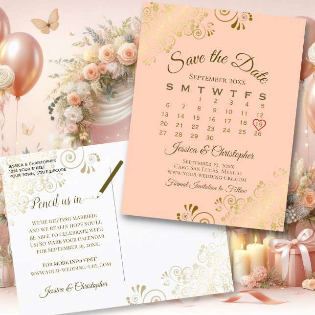 Postal De Anuncios Fancy Gold & Peach Wedding Save the Date Calendar (Front/Back)