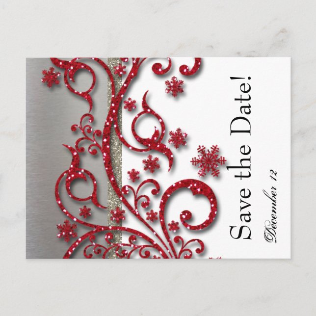 Postal De Anuncios Fancy Silver Red Purpurina Save the Date (Anverso)