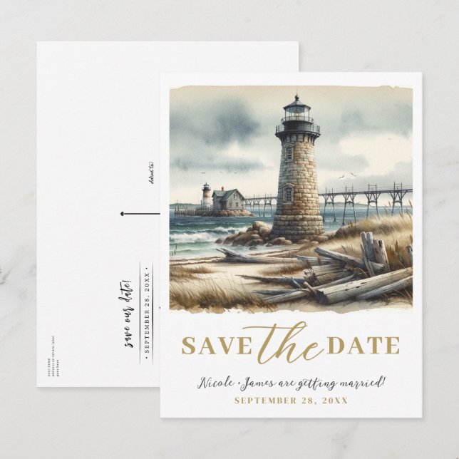Postal De Anuncios Faro Costero Rústico en la Costa Salva la Fecha (Anverso / Reverso)