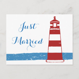 Postal De Anuncios Faro de boda rojo recién casados Azul Náutico