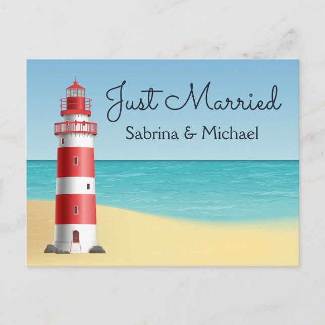 Postal De Anuncios Faro Náutico Recién Casados Boda en la Playa (Anverso)