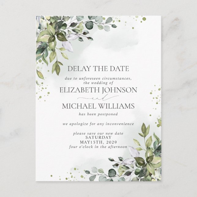 Postal De Anuncios Fecha de Boda Aplazada Acuarela de Eucalipto (Anverso)