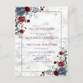 Postal De Anuncios Fecha de Boda Aplazada Floral Azul de Borgoña