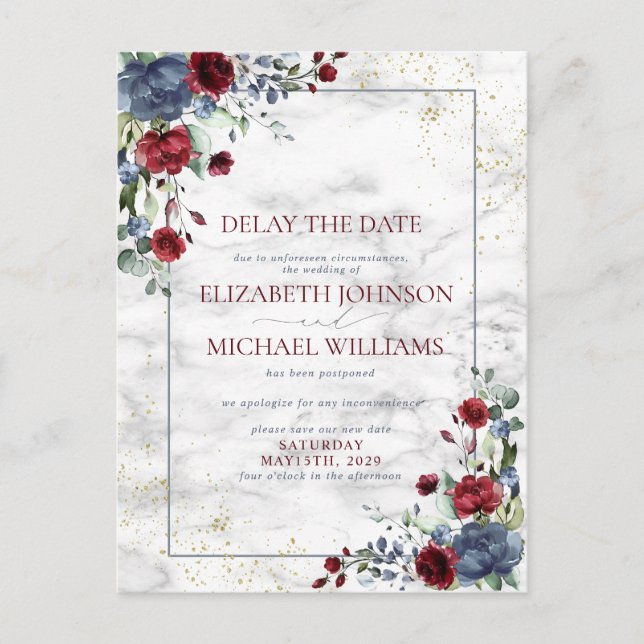 Postal De Anuncios Fecha de Boda Aplazada Floral Azul de Borgoña (Anverso)