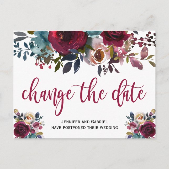 Postal De Anuncios Fecha de la boda pospuesta Burgundy Navy Floral (Anverso)