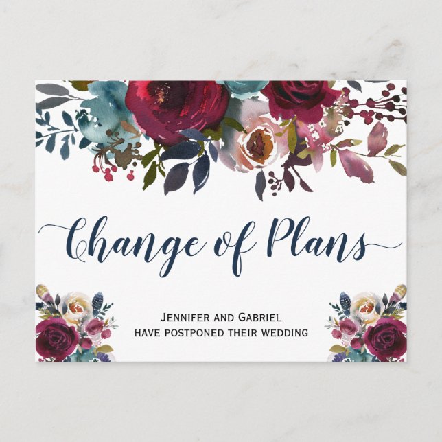 Postal De Anuncios Fecha de la boda pospuesta Burgundy Navy Floral (Anverso)