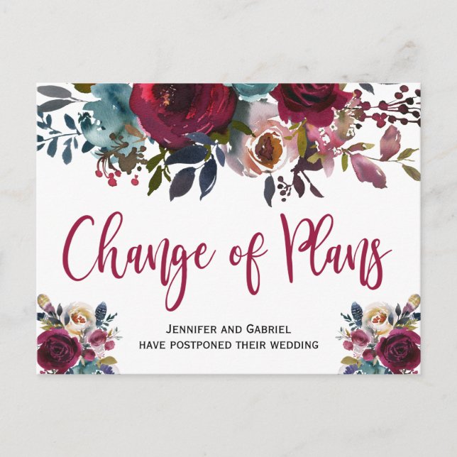 Postal De Anuncios Fecha de la boda pospuesta Burgundy Navy Floral (Anverso)