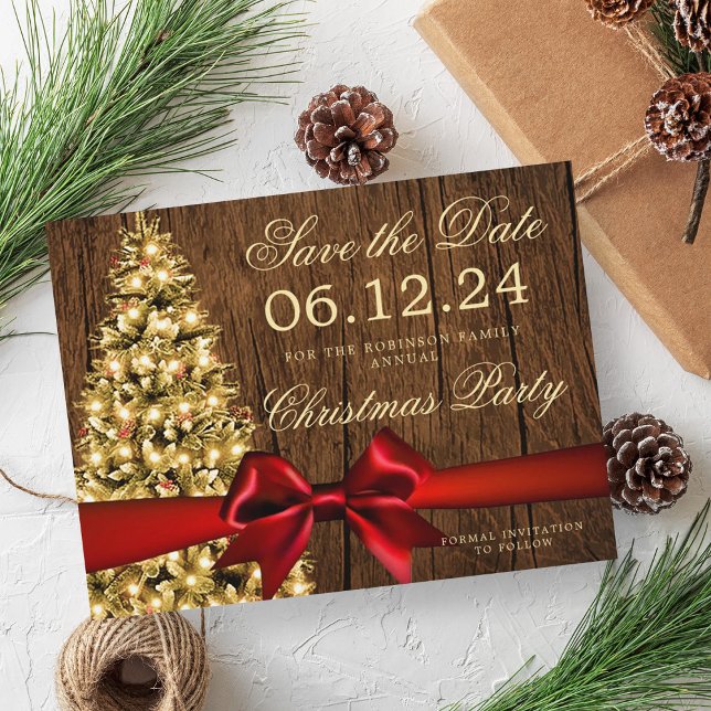 Postal De Anuncios Fecha de reserva de Navidad Rusa | Cinta de árbol  (Rustic Xmas Holiday Save Date | Tree & Red Ribbon Announcement Postcard)