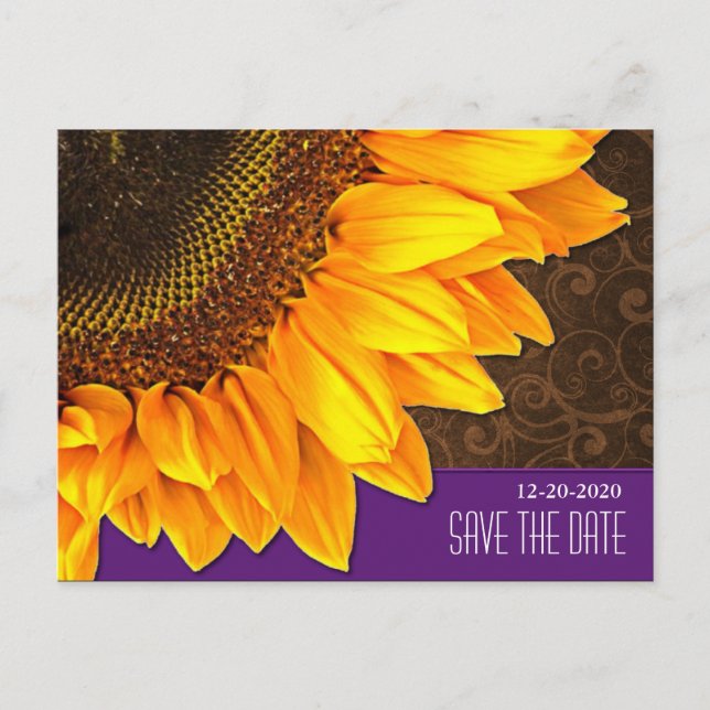 Postal De Anuncios Fechas de boda de girasoles morados y marrones par (Anverso)