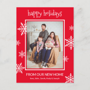 Postal De Anuncios Felices Fiestas Foto de Copos de Nieve Rojos y Bla
