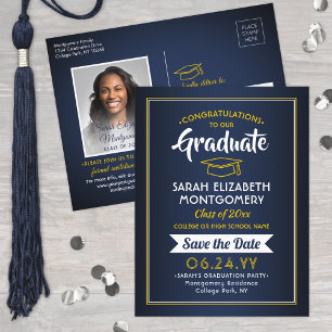 Postal De Anuncios Felicidades Graduado Azul Marino y Dorado Foto de 