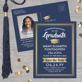 Postal De Anuncios Felicidades Graduado Marina y Oro Foto de Guardar