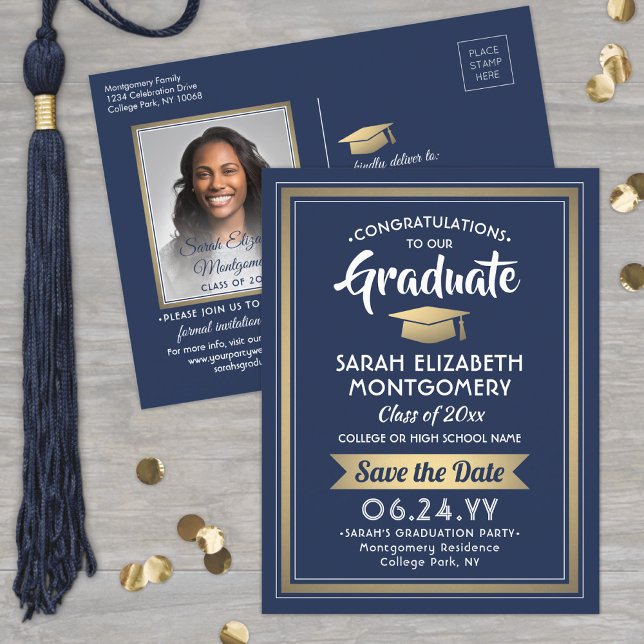 Postal De Anuncios Felicidades Graduado Marina y Oro Foto de Guardar  (Subido por el creador)