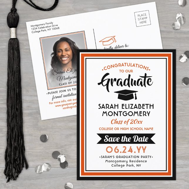 Postal De Anuncios Felicidades Graduado Naranja y Negro Salva la Fech (Subido por el creador)