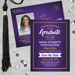 Postal De Anuncios Felicidades Graduado Púrpura y Dorado Foto de Guar