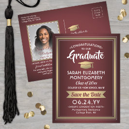Postal De Anuncios Felicitaciones Grad Burgundy & Gold Save the Date 