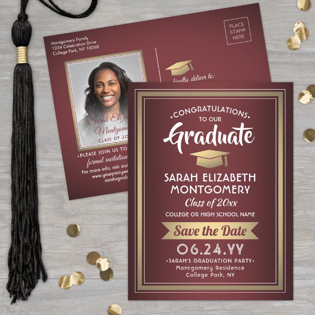 Postal De Anuncios Felicitaciones Grad Burgundy & Gold Save the Date  (Subido por el creador)