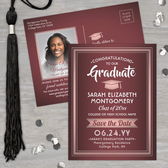 Postal De Anuncios Felicitaciones Grad Burgundy & Pink Save the Date  (Subido por el creador)