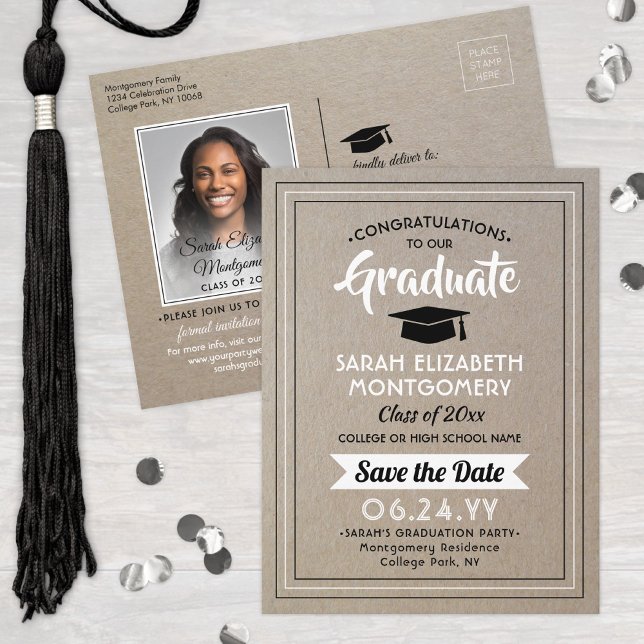 Postal De Anuncios Felicitaciones Grad Faux Kraft Paper Save the Date (Subido por el creador)
