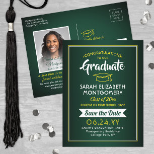 Postal De Anuncios Felicitaciones Grad Green y Gold Save the Date Pho