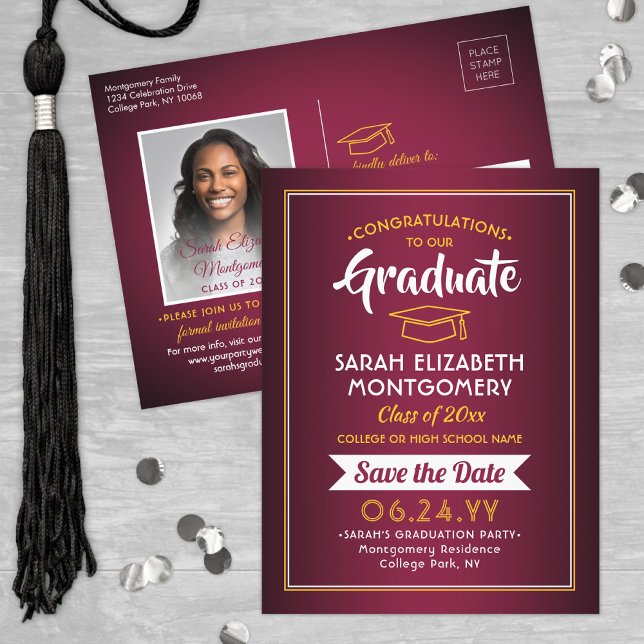 Postal De Anuncios Felicitaciones Grad Maroon & Gold Save the Date Ph (Subido por el creador)