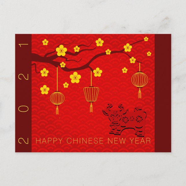 Postal De Anuncios Feliz Año Nuevo Ox Chino 2021 florece HPostC (Anverso)