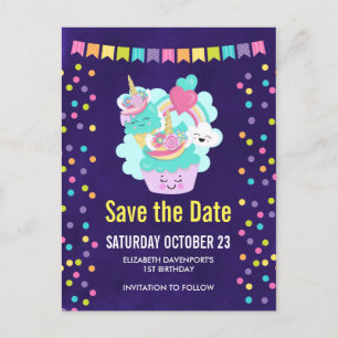 Postal De Anuncios Feliz Cumpleaños Cupcake y Helado Guardar la Fecha