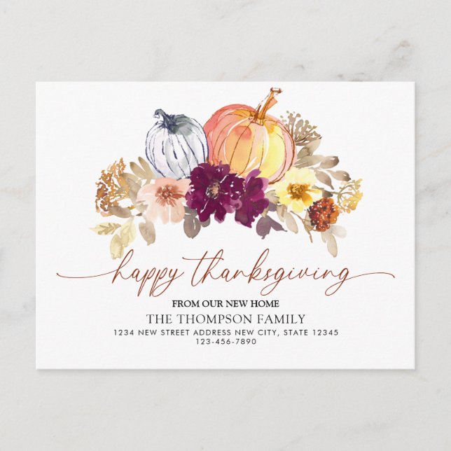 Postal De Anuncios Feliz Día de Acción de Gracias Nueva Casa Calabaza (Anverso)