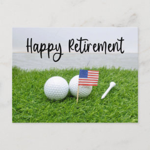 Postal De Anuncios Feliz jubilación de golf pelota y bandera de Améri