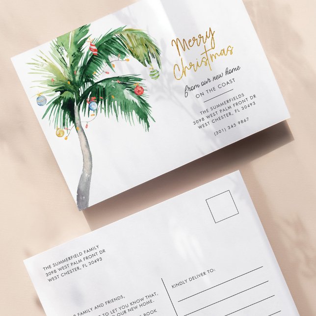 Postal De Anuncios Feliz Navidad desde las vacaciones costeras en mov (Palm Tree Script Christmas New Address Announcement Postcard)