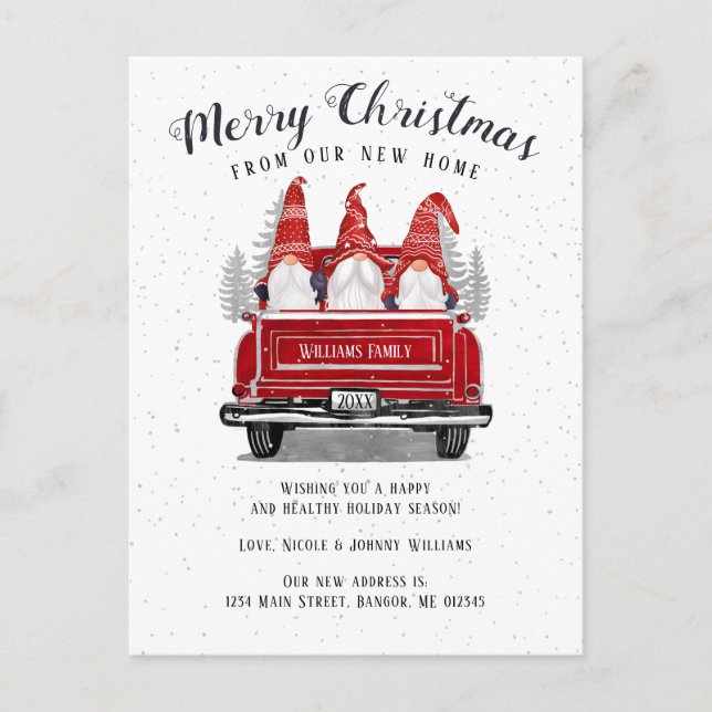 Postal De Anuncios Feliz Navidad Gnomo Antiguo Camión Rojo Móvil (Anverso)