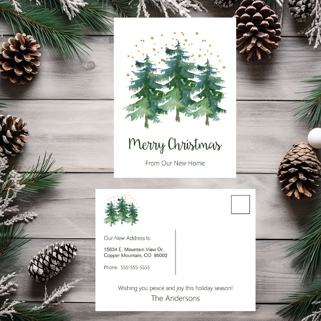 Postal De Anuncios Feliz Navidad Nuevo árbol de pinos en casa (Subido por el creador)