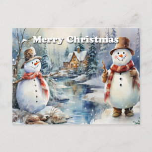 Postal De Anuncios Feliz Navidad Snowmen Log Cabin River