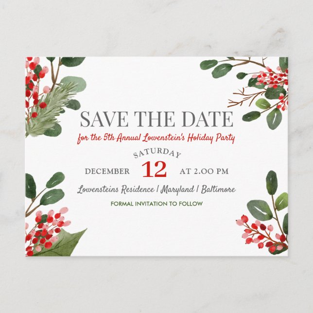 Postal De Anuncios Fiesta anual de Navidad de Berry Holly. Guarda la  (Anverso)