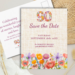 Postal De Anuncios Fiesta de cumpleaños 90 - Wildflower Save the Date