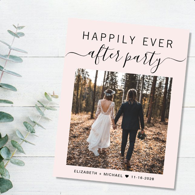 Postal De Anuncios Fiesta de Después de la Boda Foto Rosa Boda (An chic Happily Ever After Party postcard invitation for your wedding celebration)
