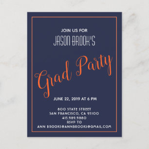 Postal De Anuncios Fiesta de Graduación Blanco y Naranja sobre Negro