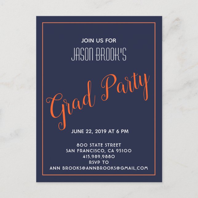 Postal De Anuncios Fiesta de Graduación Blanco y Naranja sobre Negro (Anverso)