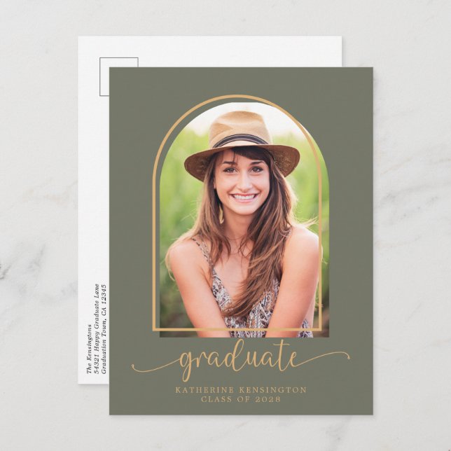Postal De Anuncios Fiesta de Graduación con Foto en Arco Boho Verde y (Anverso / Reverso)