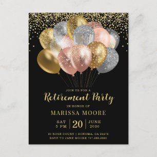 Postal De Anuncios Fiesta de Jubilación Rosa Oro Plateado Negro