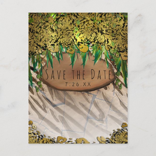 Postal De Anuncios FIESTA DE JUNGLE Save the Date Glam Gold Estampado (Anverso)