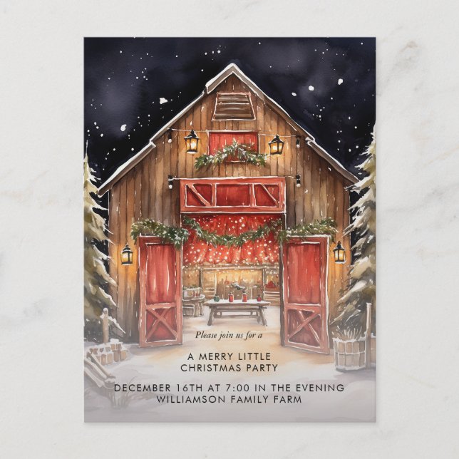 Postal De Anuncios Fiesta de Navidad Country Rustic Red Barn (Anverso)