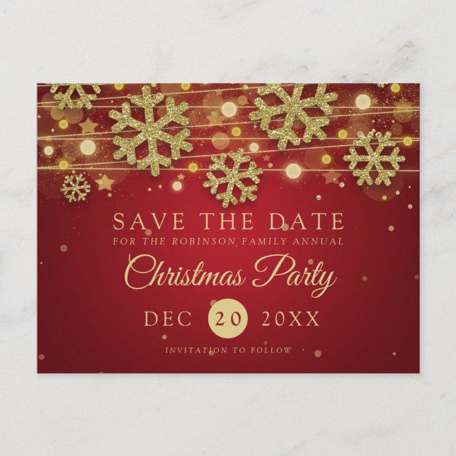 Postal De Anuncios Fiesta de Navidad Gold & Red Save The Date Glitter (Anverso)