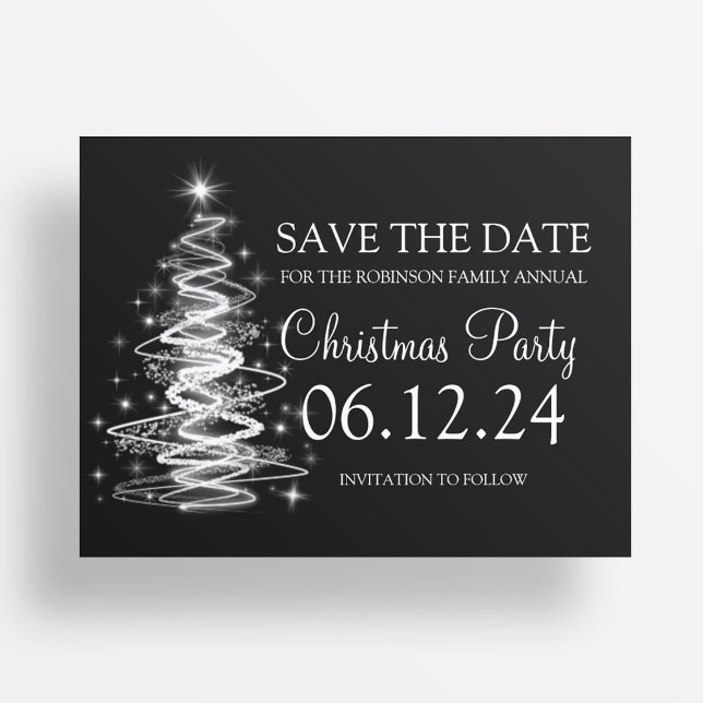 Postal De Anuncios Fiesta de Navidad Guarde la Fecha Árbol Brillante  (Christmas Party Save The Date Sparkling Tree Black Announcement Postcard)