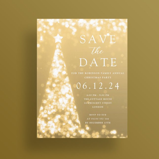 Postal De Anuncios Fiesta de Navidad Guarde la Fecha Árbol de Navidad (Christmas Party Save The Date Gold Tree Glam Announcement Postcard)